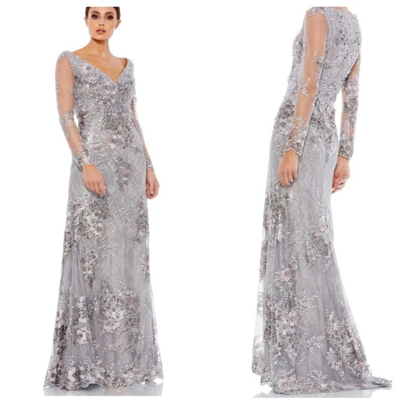 Mac Duggal V Neck Illusion Long Sleeve Embellished Evening Gown Plus Size 18 - Picture 1 of 11